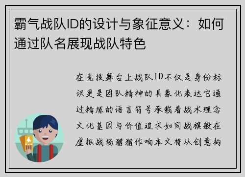 霸气战队ID的设计与象征意义：如何通过队名展现战队特色
