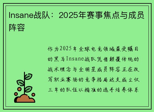 Insane战队：2025年赛事焦点与成员阵容